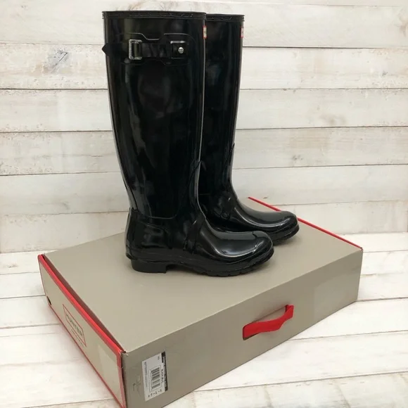 Hunter Original Tall Gloss Rain Boots • Women's Sz 9 • Black Gloss • NIB - Picture 2 of 12